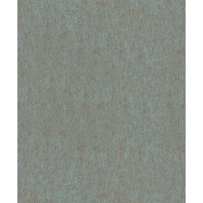Marburg Ritus Vliestapete Uni - Blau-Kupfer, Uni, 10,05 x 0,53 m - Gedämpfte türkisfarbene Tapete mit feiner, vertikaler, verwitterter brauner Textur.