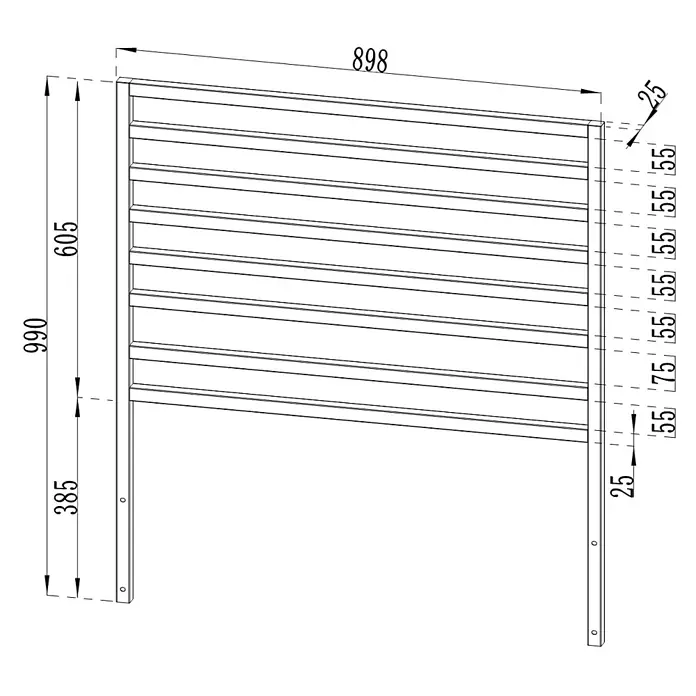 Cozze Elements Rückwand - B x H: 90 x 97 cm, Passend für: Cozze Elements Grillküchenmodul, Schwarz - Rechteckiger Wandheizkörper für Handtücher mit mehreren horizontalen Stangen, Maße angegeben.