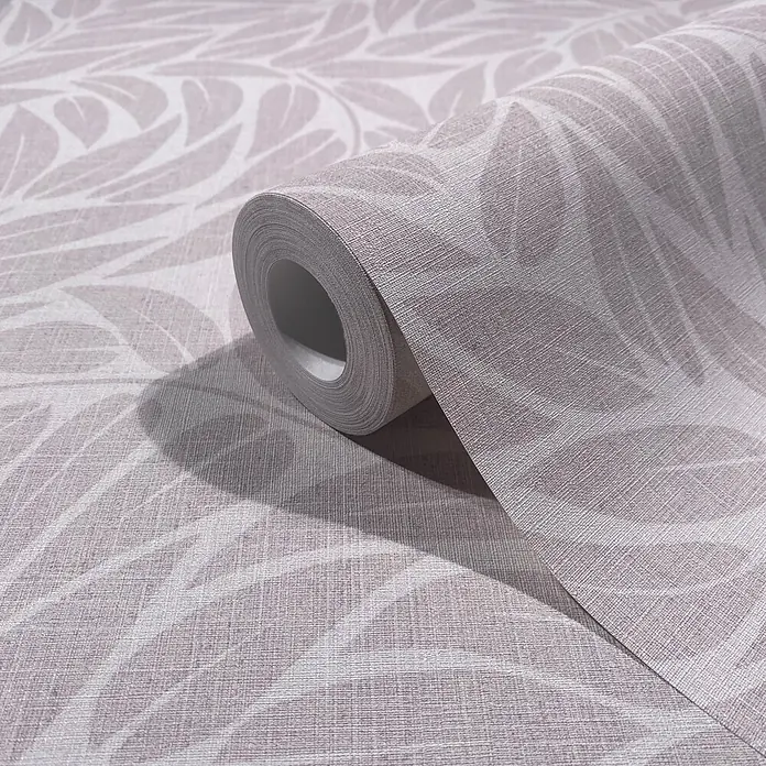 Marburg Boho Vliestapete Floral I - Grau, Floral, 10,05 x 0,53 m - Strukturierte Tapetenrolle in Leinenoptik in Helllila mit elegantem Blattmuster.