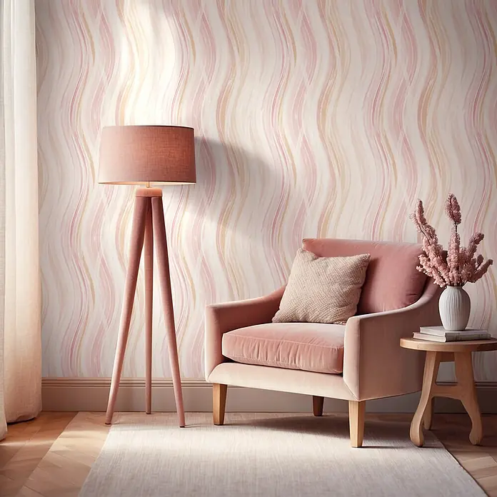 Marburg Vliestapete Novamur Oriana Grafik - Weiß-Rot, Grafisch, 10,05 x 0,53 m - Rosa und beige wellig gemusterte Tapete in einem Zimmer mit rosa Sessel und Stehlampe.
