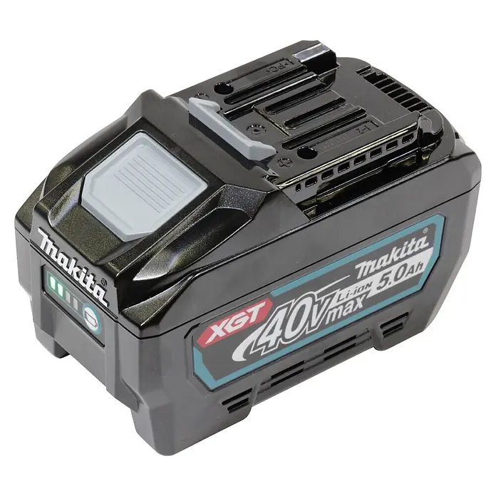 Makita XGT 40V max. Akku-Set - 40 V, 5 Ah, Li-Ionen, 2 Akkus - Schwarzer Makita XGT 40V max 5.0Ah Li-Ion Akku mit leuchtenden Ladeanzeigen.