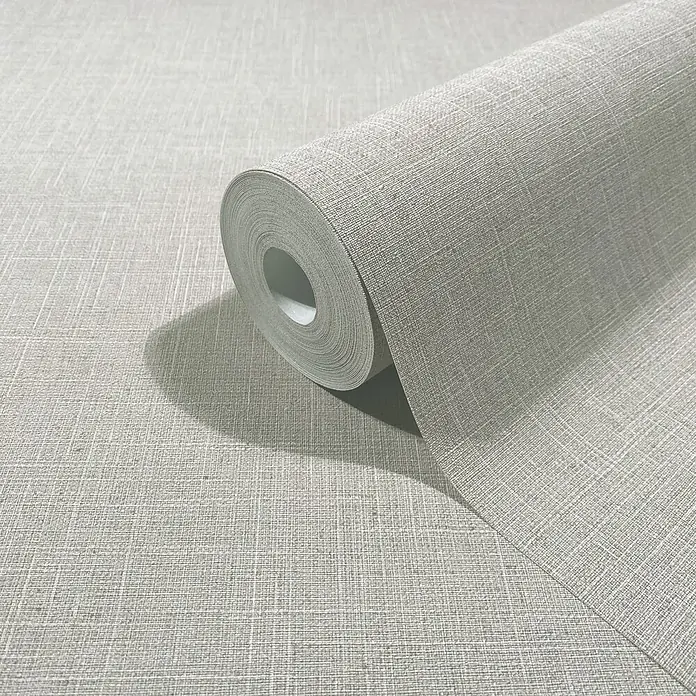 Marburg Boho Vliestapete Uni I - Beige-Grau, Uni, 10,05 x 0,53 m - Hellgraue Tapetenrolle mit feinem Leinenstrukturmuster.