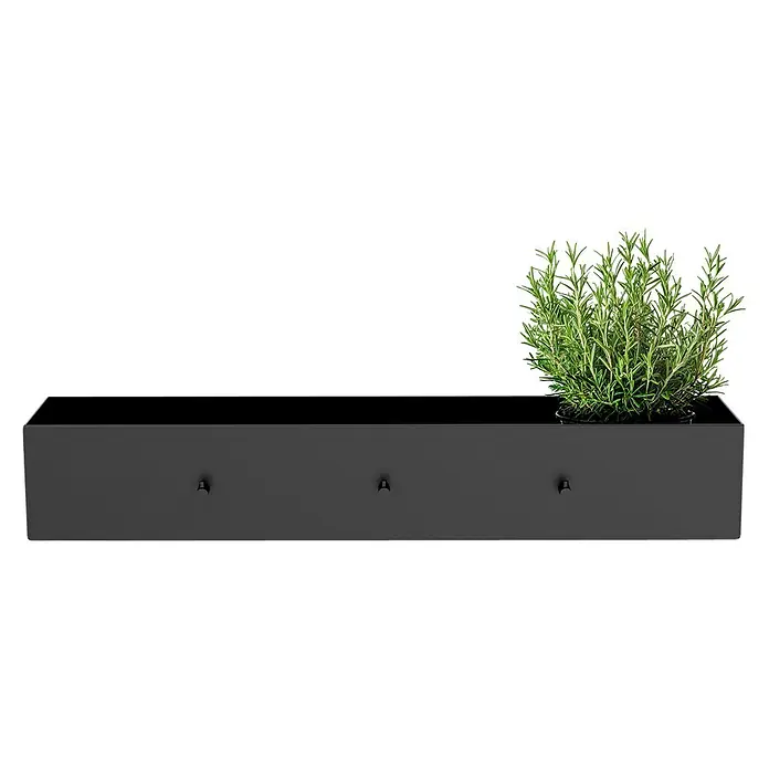 Cozze Elements Hängeregal - B x T x H: 60 x 13 x 10 cm, Schwarz, Passend für: Cozze Elements Outdoorküchen Module - Schwarzer rechteckiger Pflanzkasten mit Rosmarin. Drei kleine schwarze Stifte vorne.