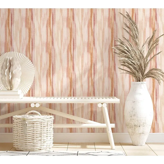 Marburg Novamur Plus Fresh UP Vliestapete Streifen - Weiß-Rot, Streifen, 10,05 x 0,53 m - Texturierte Tapete mit vertikalem Ikat-Muster in Rosa, Orange und Creme.