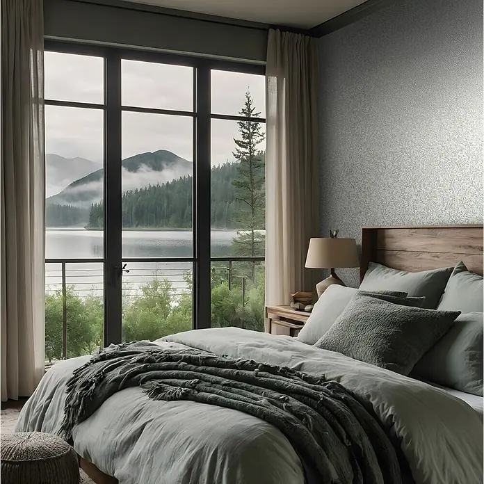 Marburg Ritus Vliestapete Floral - Grau, Floral, 10,05 x 0,53 m - Ein gemütliches Bett mit hellgrüner Bettwäsche und dunkelgrünem Überwurf in einem Schlafzimmer mit Blick auf einen nebligen See und Berge.