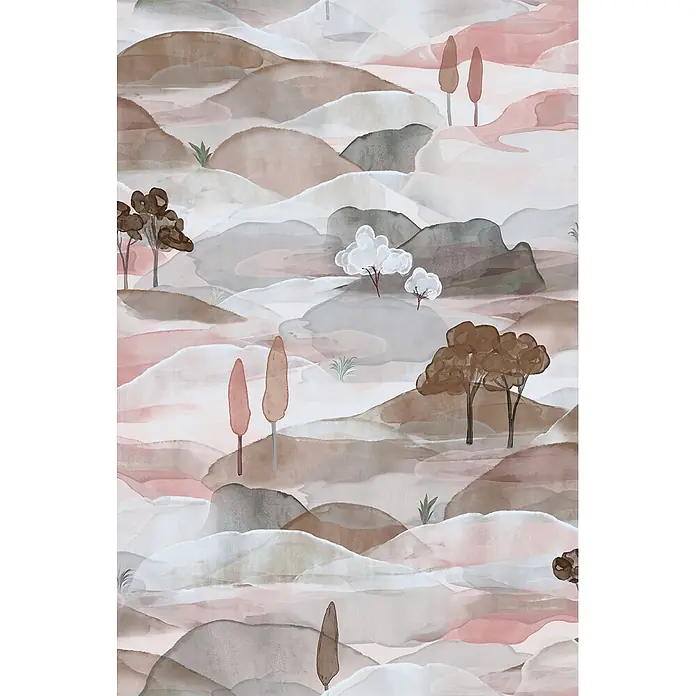 Marburg Boho Vliestapete Landscape - Blau-Rot, Sonstiges, 10,05 x 0,53 m - Aquarell-Landschaftsmuster mit abstrakten Hügeln und stilisierten Bäumen in sanften Rosa-, Braun- und Grautönen.