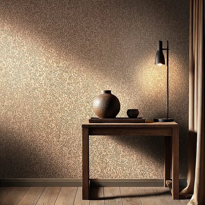 Marburg Ritus Vliestapete Floral - Braun-Gold, Floral, 10,05 x 0,53 m - Texturierte hellbraune Tapete mit komplexem botanischem Muster, die ein gemütliches Raumambiente schafft.