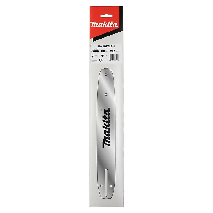 Makita Sägeschwert - Passend für: 80TXL Sägeketten mit einer Teilung von 0.325" - Makita 14 Zoll (35cm) Führungsschiene für Kettensägen, silber mit schwarzem Text, in roter und schwarzer Verpackung mit Spezifikationen wie 0,043"/1,1mm Stärke und 59 Treibgliedern.