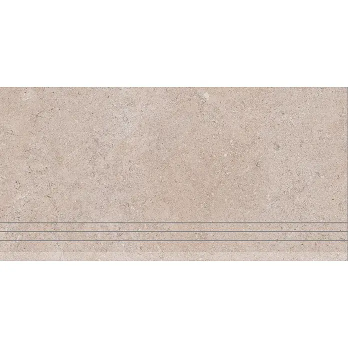 RAK Ceramics Valdi Stufen- & Abdeckplatte - 60 x 30 cm, Beige, Unglasiert - Strukturierte beigefarbene Steinplatte mit natürlichen Einschlüssen und drei dezenten horizontalen Rillen.