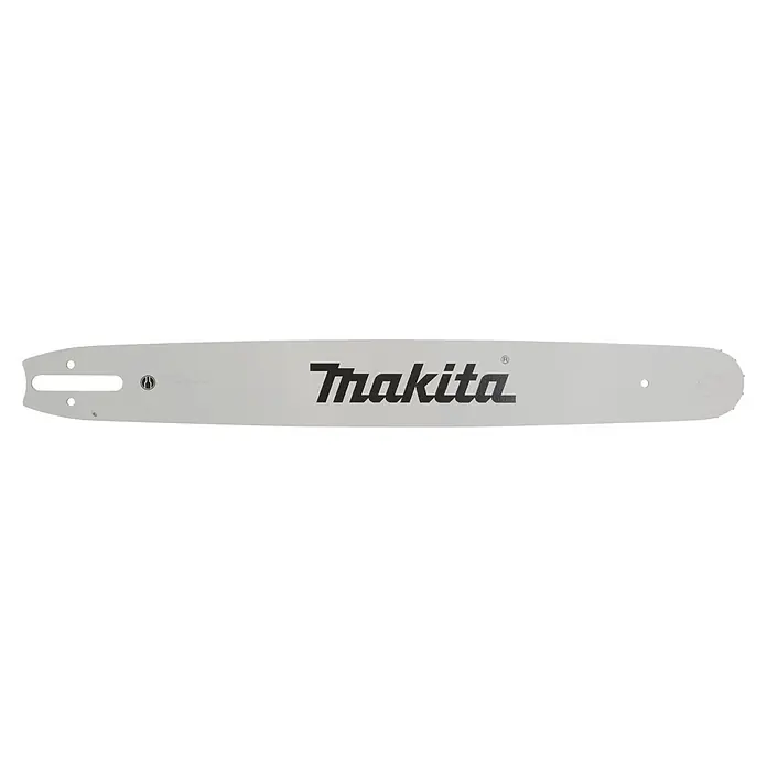 Makita Sägeschwert - Passend für: Sägeschiene mit 50 cm Länge, 1,3 mm Schienennutbreite Ketten mit 0,325"-Teilung - Silberne Makita Kettensägen-Führungsschiene mit schwarzem Branding und verschiedenen Löchern zur Montage.