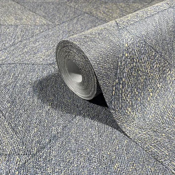 Marburg Vliestapete Novamur Naomi Grafik I - Schwarz-Blau, Grafisch, 10,05 x 0,53 m - Strukturierte blaugraue Tapete mit hellgelben Sprenkeln, unaufgerollt zeigt ein dezentes geometrisches Muster.