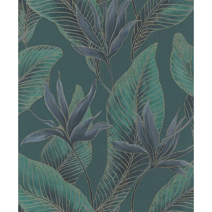 Marburg Whisper Vliestapete Floral - Grün-Blau, Floral, 10,05 x 0,53 m - Dunkelgrüne Tapete mit tropischen Blättern und Paradiesvögelblüten in Blaugrün und Blau, gold akzentuiert.