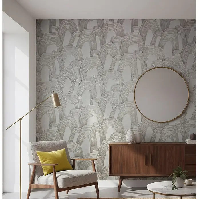 Marburg Whisper Vliestapete Grafik - Grau-Beige, Grafisch, 10,05 x 0,53 m - Hellgraue Tapete mit abstraktem, sich wiederholendem Bogenmuster, die eine strukturierte Akzentwand in einem modernen Wohnzimmer schafft.