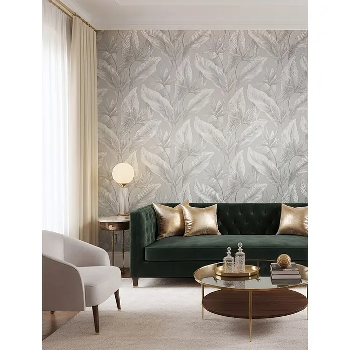 Marburg Whisper Vliestapete Floral - Grau, Floral, 10,05 x 0,53 m - Graue Tapete mit großflächigem botanischem Blättermuster an einer Wohnzimmerwand.