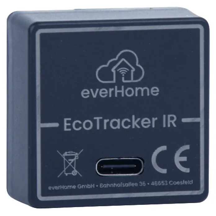 EverHome Energiekosten-Messgerät EcoTracker IR - Schwarz - Dunkelgraues rechteckiges everHome EcoTracker IR Gerät mit USB-C-Anschluss, Cloud-Logo, Markentext, WEEE-Symbol und CE-Kennzeichnung.