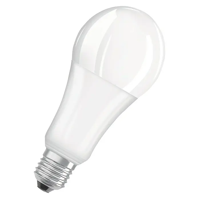 Osram LED-Lampe Glühlampenform E27 matt - E27, Dimmbar, Warmweiß, 2.452 lm, 21 W - Nahaufnahme einer weißen LED-Lampe mit Schraubsockel, ideal für energieeffiziente Beleuchtung und moderne Beleuchtungskonzepte.
