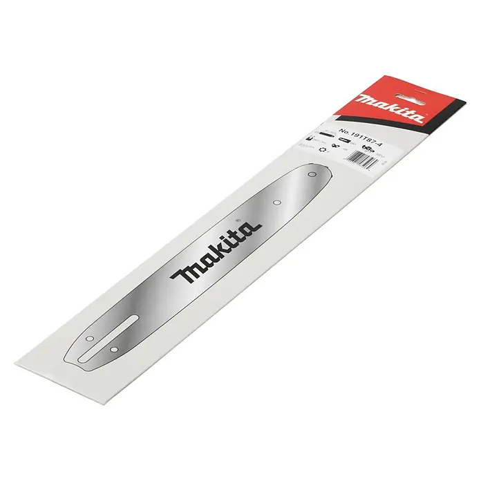 Makita Sägeschwert - Passend für: 80TXL Sägeketten mit einer Teilung von 0.325" - Eine silberne Makita Führungsschiene für Kettensägen, Modell Nr. 191T87-4, in weiß-roter Produktverpackung.