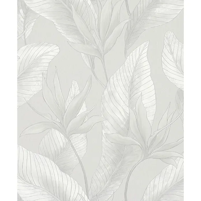 Marburg Whisper Vliestapete Floral - Grau, Floral, 10,05 x 0,53 m - Nahtloses hellgraues Muster mit tropischen Blättern und Paradiesvogelblumen.