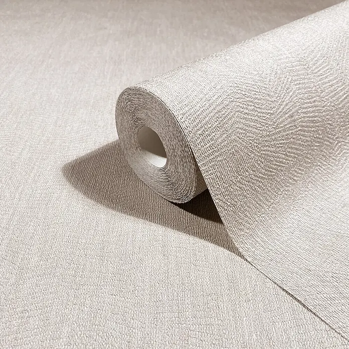 Marburg Whisper Vliestapete Putzoptik II - Creme, Sonstiges, 10,05 x 0,53 m - Teilweise abgerollte Rolle hellbeiger strukturierter Tapete mit Webmuster.