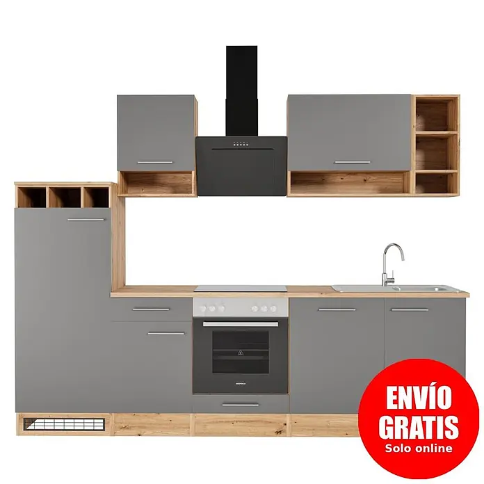 Respekta Composición de cocina Hilde - Ancho: 280 cm, Gris, Con electrodomésticos - Mueble de cocina modular con armarios grises, detalles de madera clara, horno, placa, fregadero y campana extractora integrados.