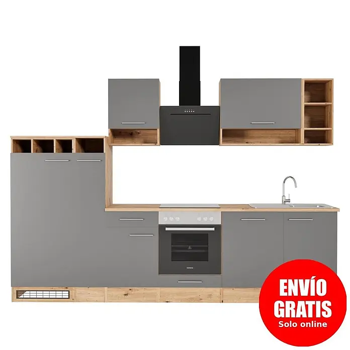 Respekta Composición de cocina Hilde - Ancho: 310 cm, Gris, Con electrodomésticos - Cocina modular moderna en gris y efecto madera con horno, placa de cocción, fregadero y campana extractora integrados.