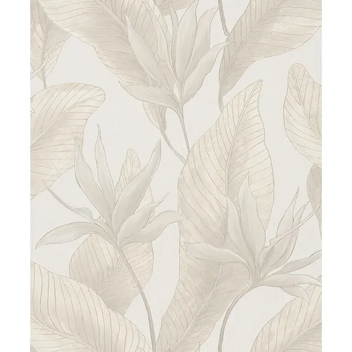 Marburg Whisper Vliestapete Floral - Beige, Floral, 10,05 x 0,53 m - Nahtloses Tapetenmuster mit tropischen Blättern und Blüten in hellen Beige-Tönen.