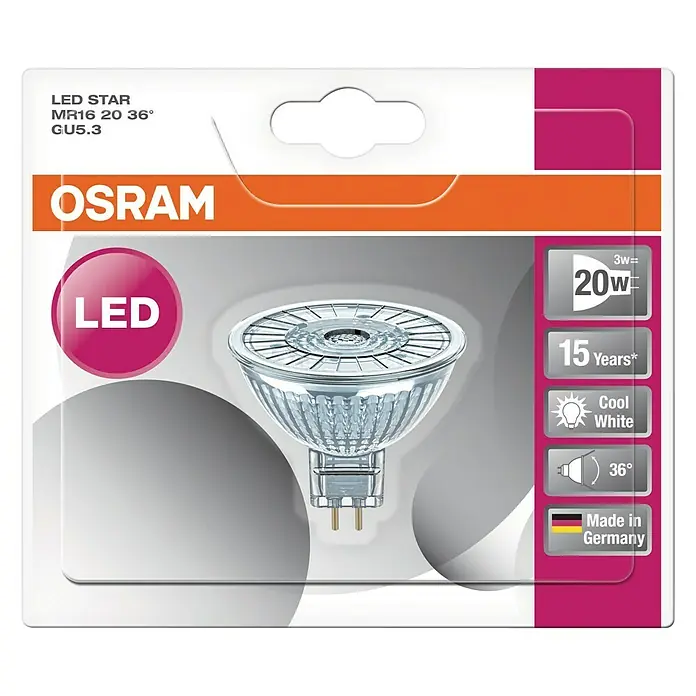 Osram LED-Lampe Pin G4 MR16 - GU5,3, Nicht Dimmbar, Kaltweiß, 230 lm, 2,9 W - Abbildung einer Osram LED STAR MR16 20 36° GU5.3 LED-Lampe, die energieeffiziente Beleuchtung mit langer Lebensdauer bietet.