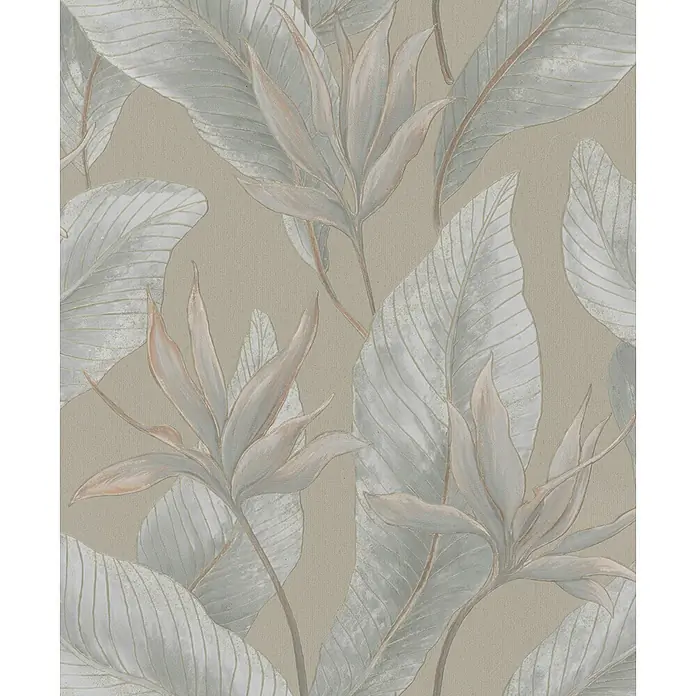 Marburg Whisper Vliestapete Floral - Beige-Grau, Floral, 10,05 x 0,53 m - Tapete mit gedämpften tropischen Blättern und Strelitzienblüten in Hellgrau und sanftem Pfirsich auf beigem Hintergrund.