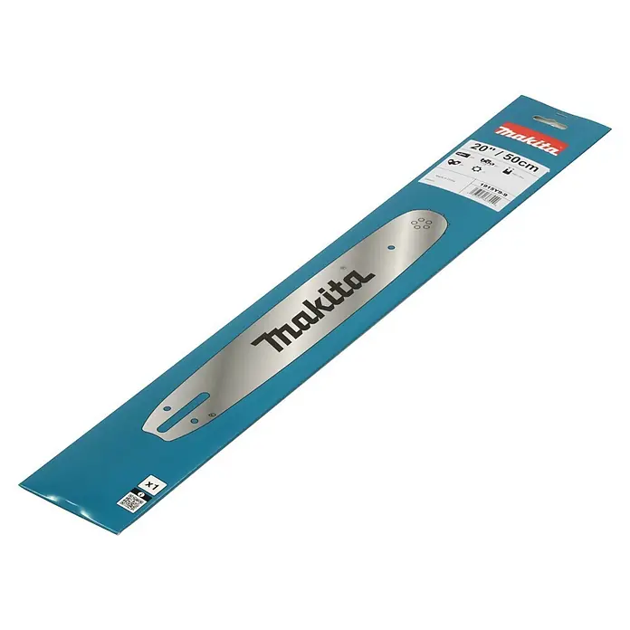 Makita Sägeschwert - Passend für: Sägeschiene mit 50 cm Länge, 1,3 mm Schienennutbreite Ketten mit 0,325"-Teilung - Makita 50cm (20 Zoll) silberne Kettensägen-Führungsschiene, sichtbar durch blaue Verpackung.