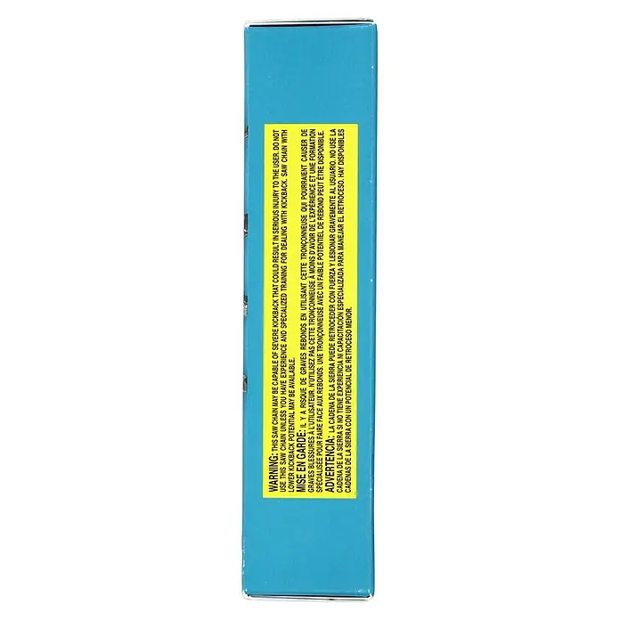 Makita Sägekette 95XTL - Passend für: 50 cm Sägeschienen mit 1,3 mm Schienennutbreite und 0,325"-Teilung - Hellblaue rechteckige Produktverpackung mit gelbem Sicherheitshinweis für eine Sägekette.