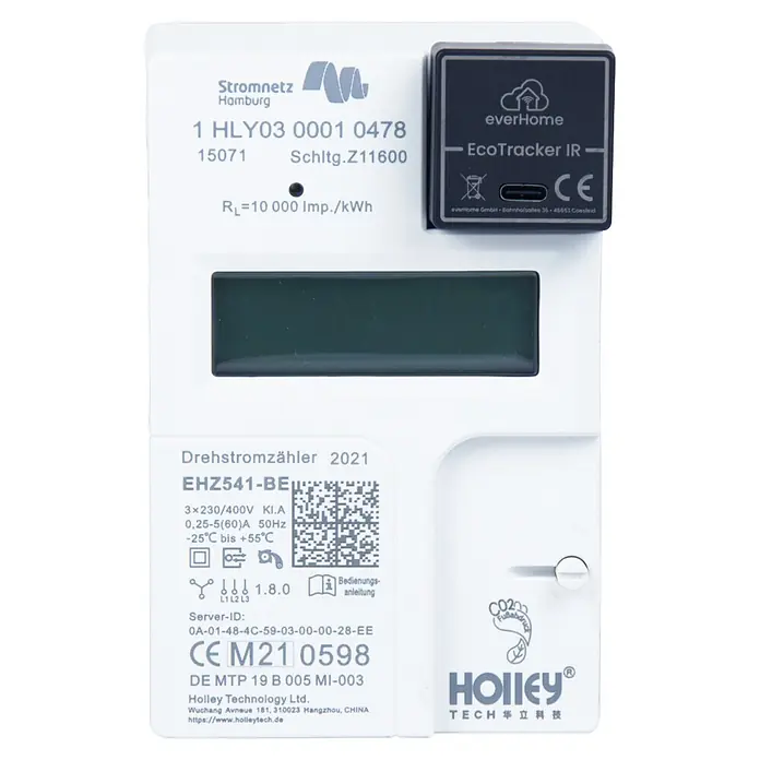 EverHome Energiekosten-Messgerät EcoTracker IR - Schwarz - Weißer digitaler Drehstromzähler mit schwarzem Smart-Meter-Modul oben, zeigt Datenetiketten.