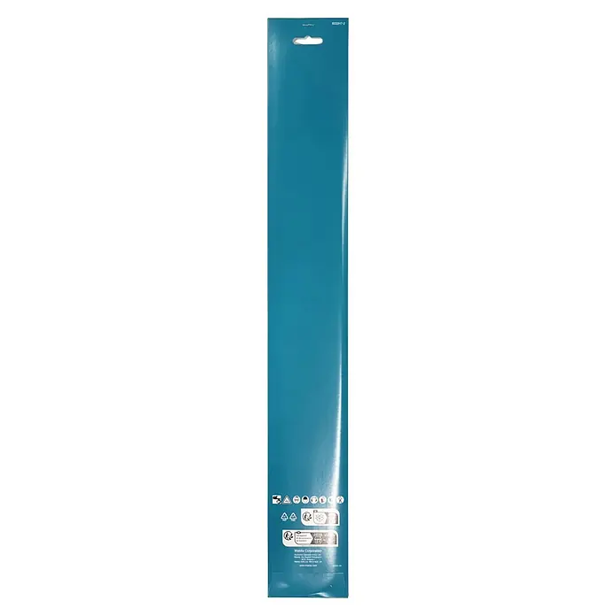 Makita Sägeschwert - Passend für: Sägeschiene mit 50 cm Länge, 1,3 mm Schienennutbreite Ketten mit 0,325"-Teilung - Rückseite einer langen, blauen Produktverpackung mit Recycling- und Sicherheitssymbolen sowie Herstellerangaben für Makita.