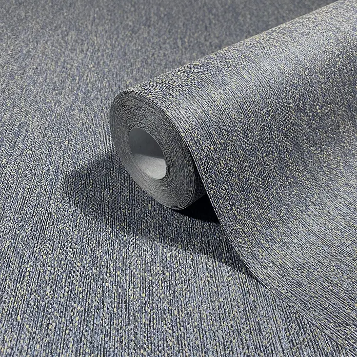 Marburg Vliestapete Novamur Naomi Uni II - Blau-Schwarz, Uni, 10,05 x 0,53 m - Texturierte blaugraue Tapetenrolle mit gesprenkelten gelben und cremefarbenen Akzenten, teilweise ausgerollt.