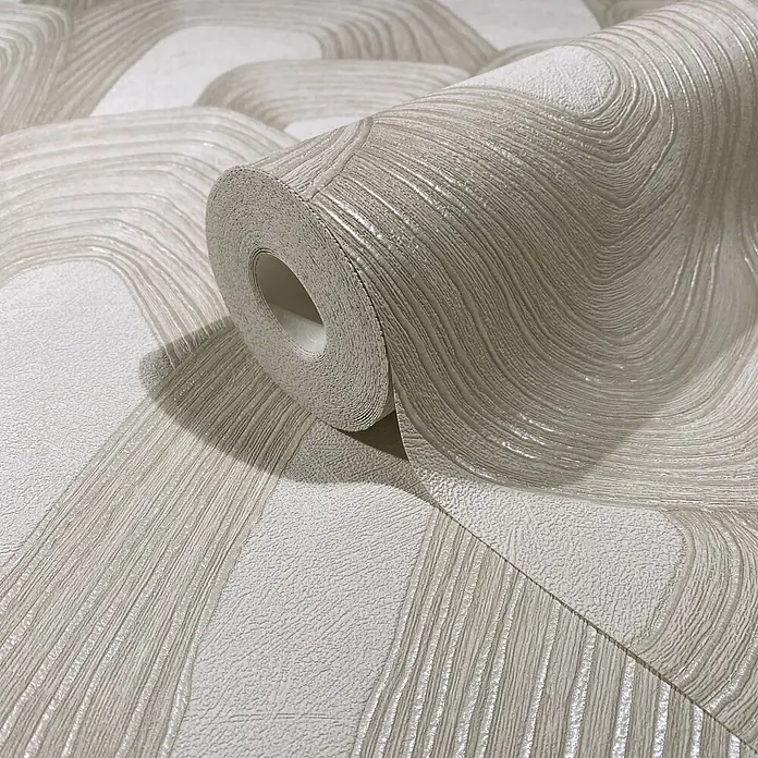 Marburg Whisper Vliestapete Grafik - Beige, Grafisch, 10,05 x 0,53 m - Teilweise abgerollte Rolle hellbeiger Struktur-Tapete mit Wellenlinien und Kieselmustern.