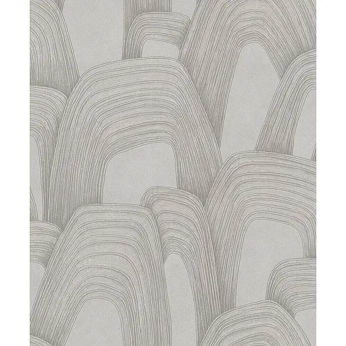 Marburg Whisper Vliestapete Grafik - Grau-Beige, Grafisch, 10,05 x 0,53 m - Hellgraue strukturierte Tapete mit abstrakten, wellenförmigen, geschichteten Linien, die organische hügelartige Formen bilden.