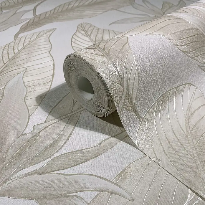 Marburg Whisper Vliestapete Floral - Beige, Floral, 10,05 x 0,53 m - Rolle texturierte Tapete in Beige und Gold mit großem botanischem Blattmuster.