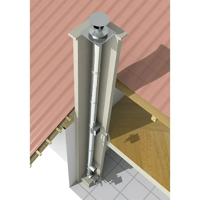 Innen-Kaminsanierungspaket - Durchmesser: 150 mm, Gesamtlänge: 6 m, Edelstahl - Edelstahl-Schornsteinsystem, bestehend aus mehreren Rohren und Formstücken, das durch eine Öffnung im Dach eines Hauses verläuft und eine sichere Ableitung von Rauchgasen ermöglicht.