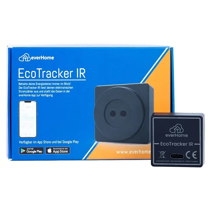 EverHome Energiekosten-Messgerät EcoTracker IR - Schwarz - Dunkelgrauer everHome EcoTracker IR, ein quadratischer optischer Lesekopf für elektronische Stromzähler, mit kompaktem schwarzem Begleitmodul.