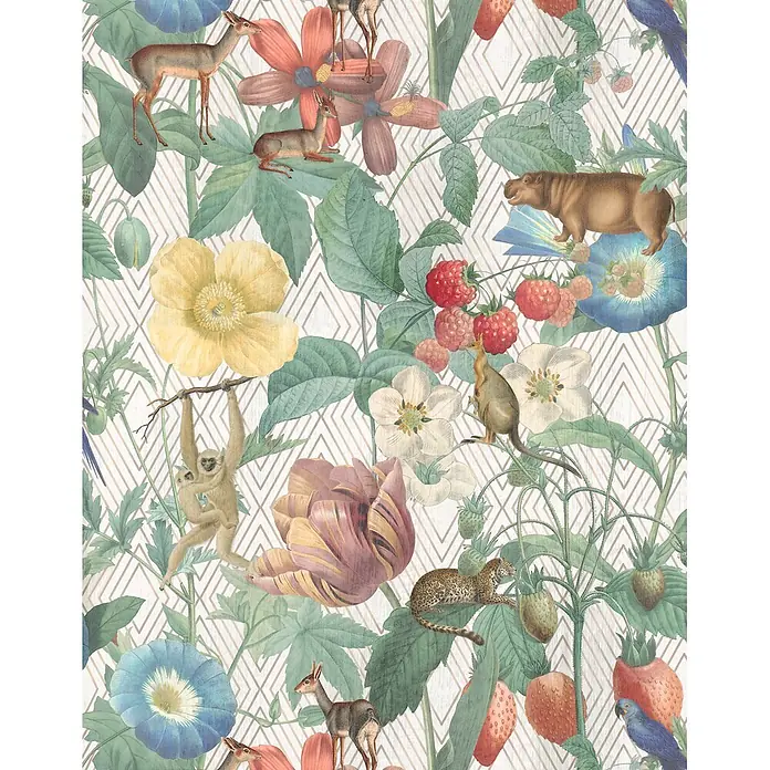 Marburg Smart Art Aspiration Fototapete Illustration IV - B x H: 212 x 270 cm, Vlies - Üppiges tropisches Muster im Vintage-Stil mit verschiedenen Tieren, botanischen Elementen und Früchten.