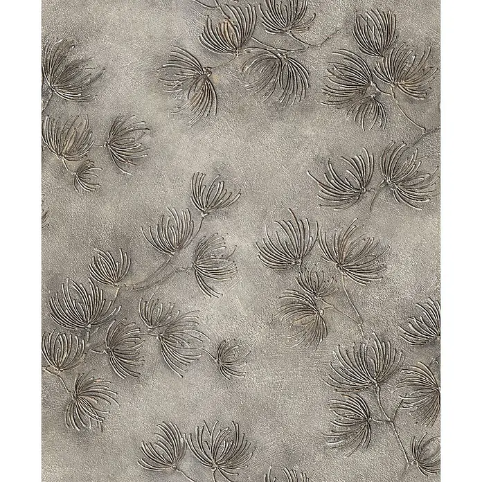Marburg Whisper Vliestapete Floral I - Grau-Beige, Floral, 10,05 x 0,53 m - Texturierte graue Wandverkleidung mit metallisch geprägten Blumenmustern.