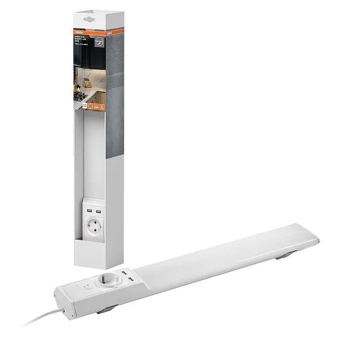 Osram Linear LED-Unterbauleuchte Flat Socket mit Steckdose - L x B x H: 54 x 8,1 x 4,15 cm, Lichtfarbe: Kaltweiß, 220 V - 240 V - Weiße, lineare LED-Unterbauleuchte mit integrierten Steckdosen und USB-Anschlüssen, teilweise in Verpackung.