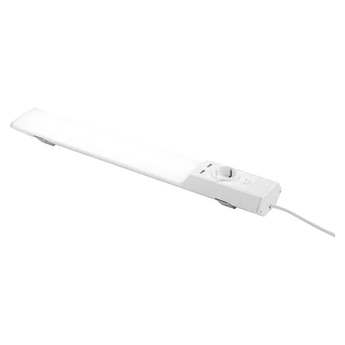 Osram Linear LED-Unterbauleuchte Flat Socket mit Steckdose - L x B x H: 54 x 8,1 x 4,15 cm, Lichtfarbe: Kaltweiß, 220 V - 240 V - Weiße LED-Lichtleiste mit integrierter Steckdosenleiste, USB-Anschlüssen, Steckdose und Ein-/Ausschalter.