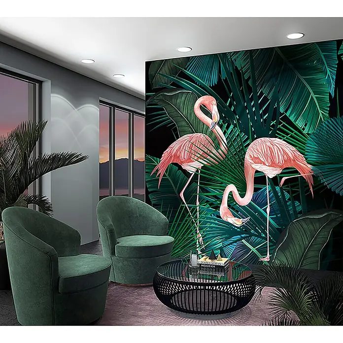 Marburg Smart Art Aspiration Fototapete Illustration VII - B x H: 2,65 mm x 270 cm, Vlies - Wandtapete mit zwei rosafarbenen Flamingos und üppigen dunkelgrünen tropischen Blättern, die ein modernes Wohnzimmer verschönert.