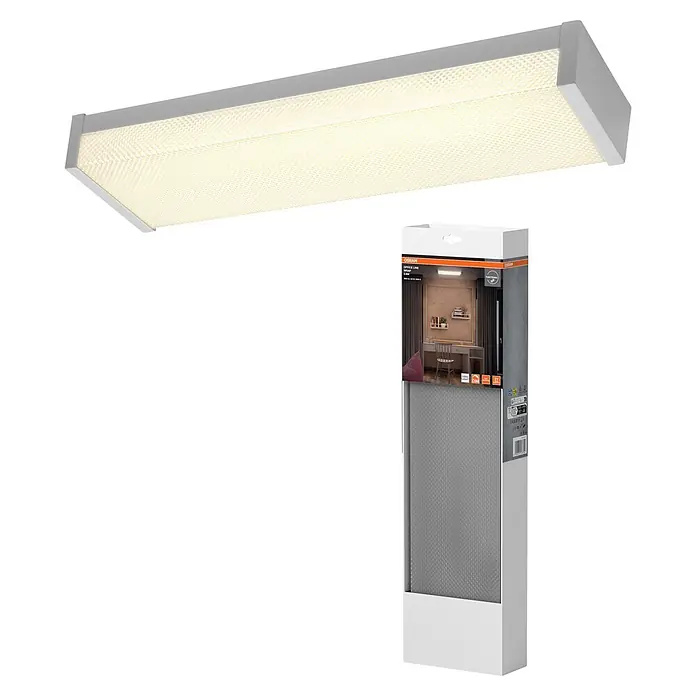 Osram LED-Deckenleuchte Office Line Wrap - L x B x H: 60 x 16,3 x 7,16 cm, Weiß, Kaltweiß - Weißes, rechteckiges OSRAM LED-Büroleuchte mit texturierter Abdeckung, zusammen mit der Verkaufsverpackung.