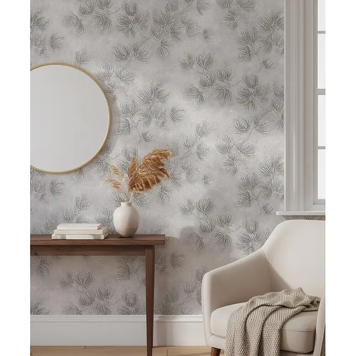 Marburg Whisper Vliestapete Floral I - Grau, Floral, 10,05 x 0,53 m - Hellgraue Strukturtapete mit geprägtem, dezentem Blumenmuster.