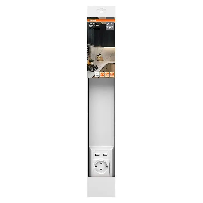 Osram Linear LED-Unterbauleuchte Flat Socket mit Steckdose - L x B x H: 54 x 8,1 x 4,15 cm, Lichtfarbe: Kaltweiß, 220 V - 240 V - Weißes OSRAM Linearlicht (54cm) mit Steckdose und zwei USB-Anschlüssen für kühles Licht.