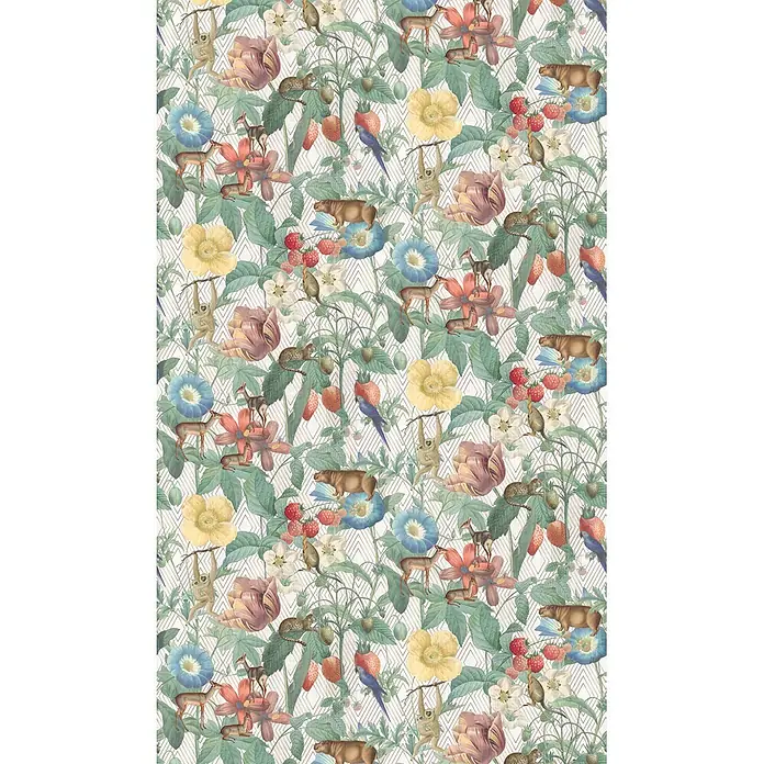 Marburg Smart Art Aspiration Fototapete Illustration V - B x H: 159 mm x 270 cm, Vlies - Üppiges Dschungelmuster mit verschiedenen Tieren, bunten Blumen und reifen Früchten auf hellem geometrischen Hintergrund.