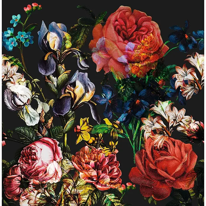 Marburg Smart Art Aspiration Fototapete Floral V - B x H: 2,65 mm x 270 cm, Vlies - Ein üppiges, florales Vintage-Muster mit bunten Rosen, Iris, Lilien und Vergissmeinnicht auf dunklem Hintergrund.