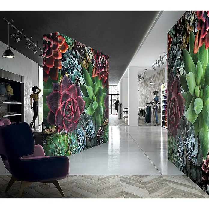 Marburg Smart Art Aspiration Fototapete Floral III - B x H: 2,65 mm x 270 cm, Vlies - Ein modernes Geschäft zeigt lebendige Sukkulenten-Wandkunst auf Raumteilern und schafft eine lebhafte Atmosphäre.