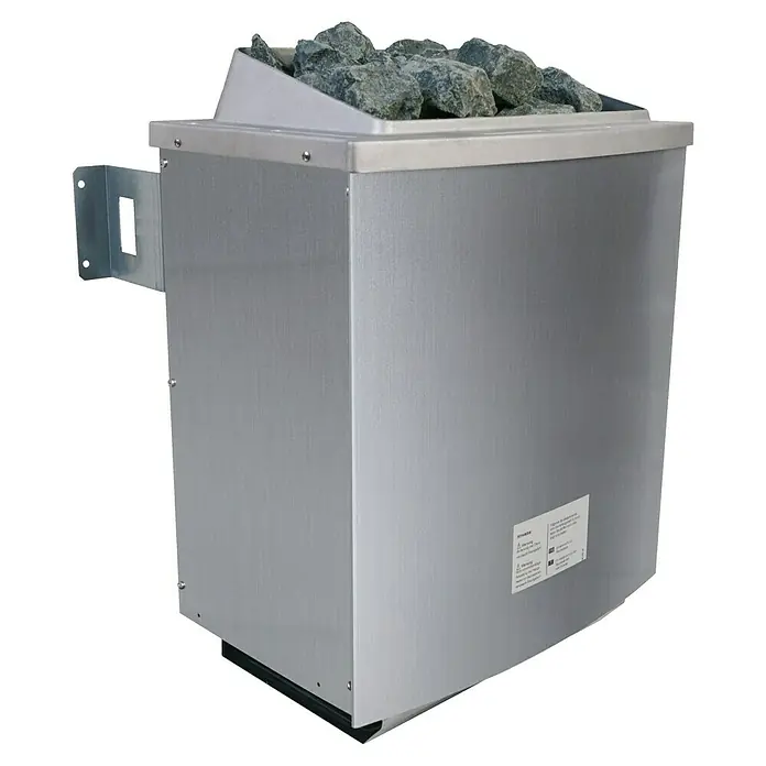 Karibu Elementsauna Siirin - Mit 9 kW Ofen mit externer Steuerung, Ohne Dachkranz, Materialspezifizierung Tür: Ganzglas Bronze, L x B x H: 196 x 170 x 192 cm - Ein detailreiches Bild eines Saunaofens, der mit Steinen gefüllt ist und eine robuste Bauweise aufweist.